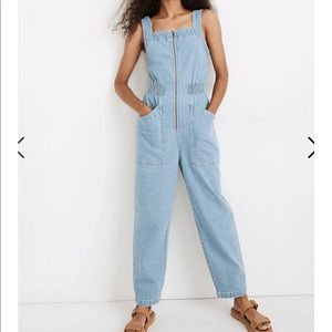 Madewell Petite Denim Zip Smock-Waist Jumpsuit in Baisley Wash XSP
